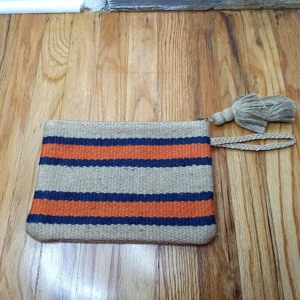J. Jill Clutch Wristlet Boho Chic Burlap Material Tassels Orange Blue Tassels